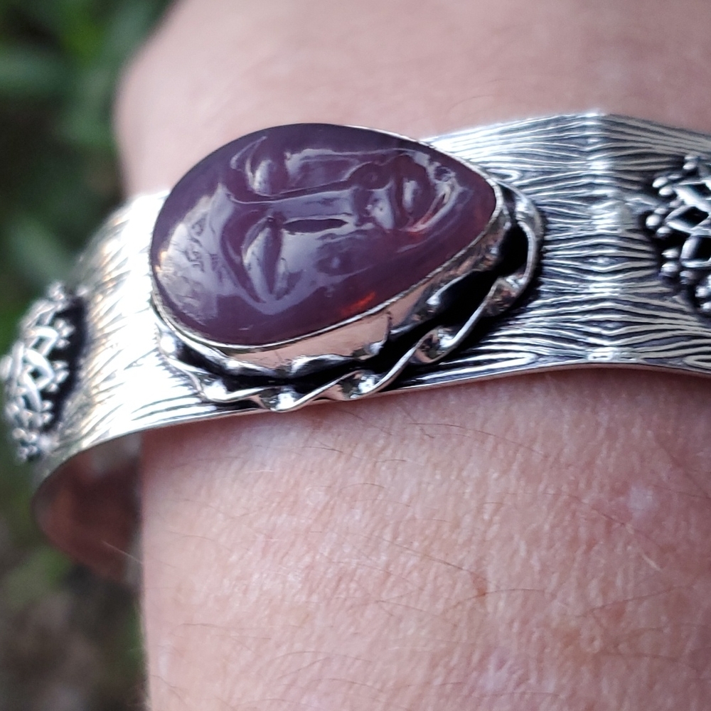 New Carved Face Cameo 925 Silver Cuff Bracelet.